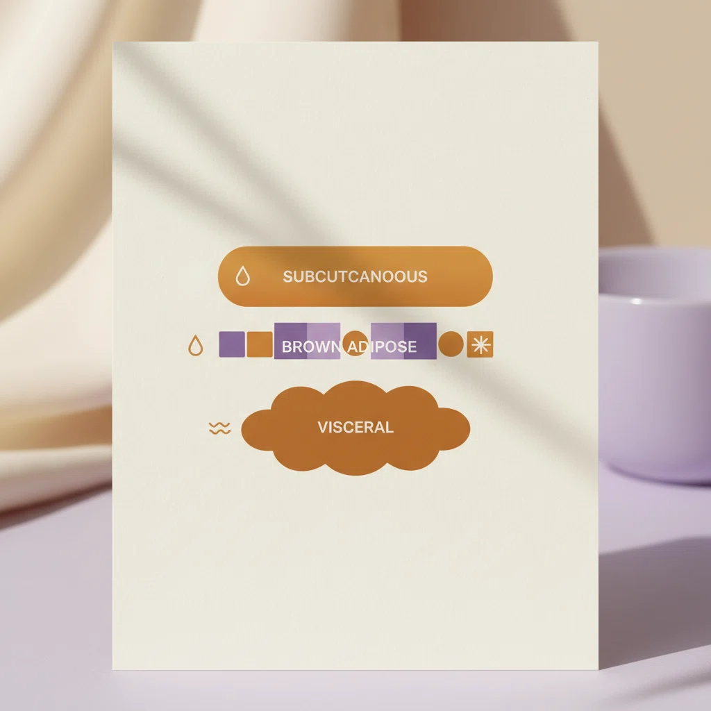Flat educational diagram showing three abstract adipose tissue types labelled subcutaneous, brown adipose and visceral in muted purple and amber tones