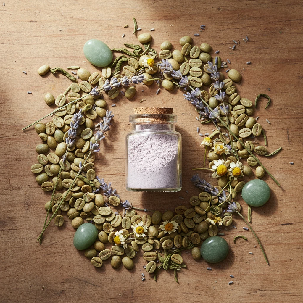 Natural botanical ingredients including green coffee beans, dried herbs and a small jar of fine powder on a warm wooden surface