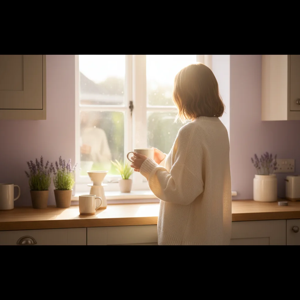 Anonymous person at a kitchen window with a morning warm drink - illustrating a healthy morning wellness routine