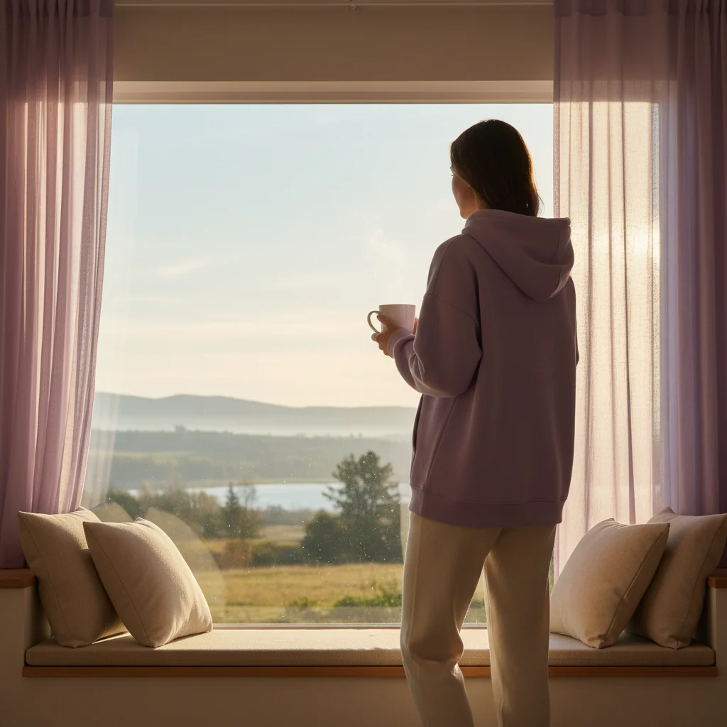 Anonymous figure looking out a sunny window in a relaxed morning atmosphere with a warm drink